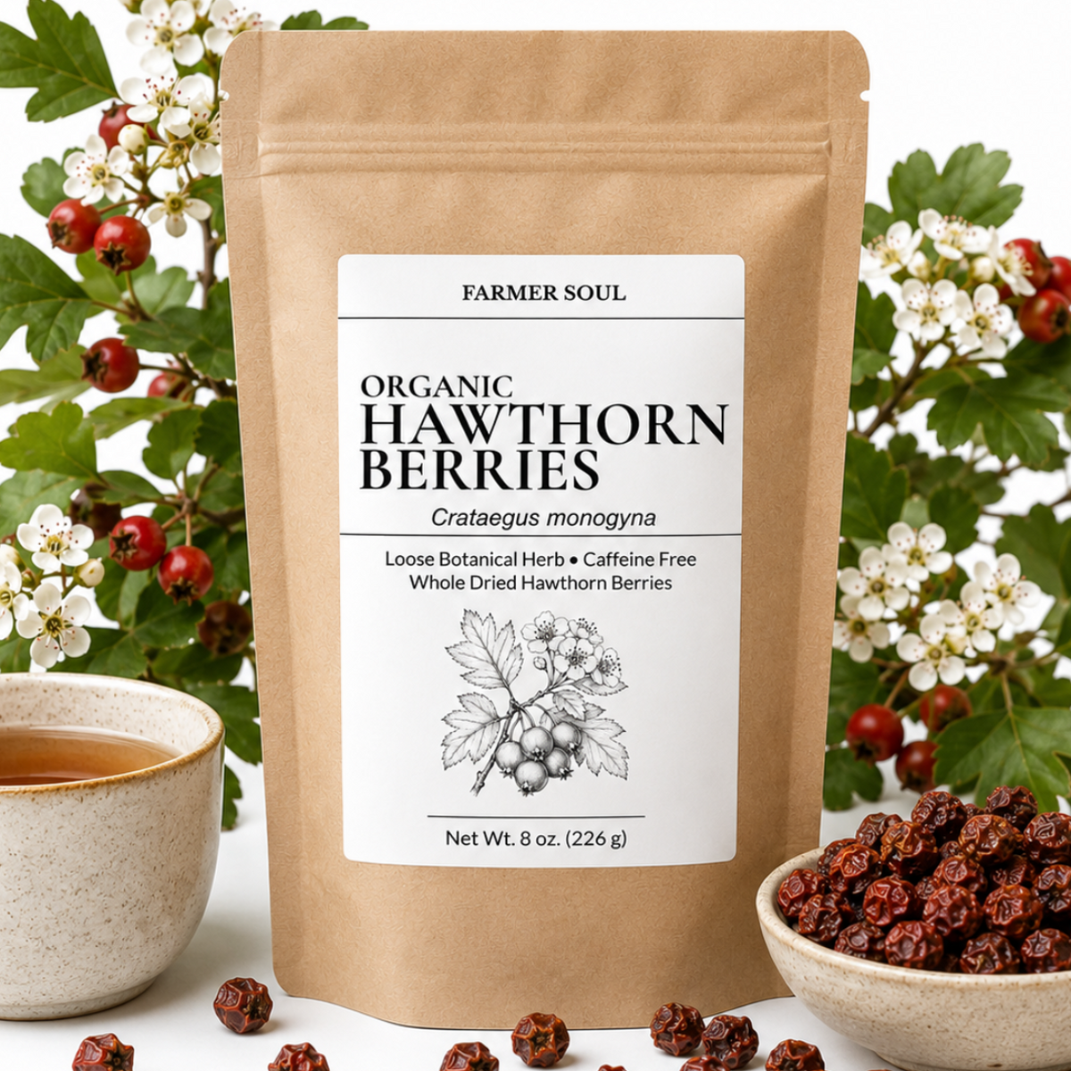 A stand-up pouch of Farmer Soul Organic Hawthorn Berries centered on a white background, surrounded by green leaves, white flowers, red berries, a cup of tea, and a bowl of loose dried berries.