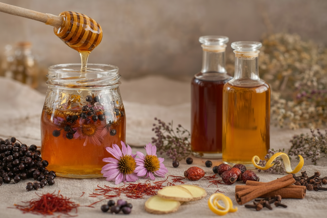 Jar of honey with a honey dipper, surrounded by herbs and flowers, with text about small-batch honey and herbal goods.