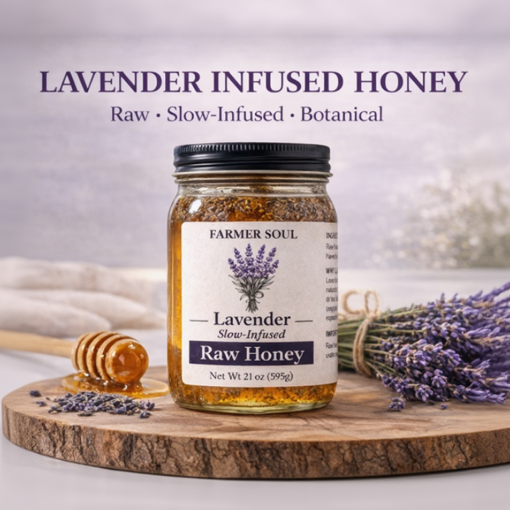 Jar of lavender-infused raw honey on a wooden board with lavender flowers and a honey dipper.