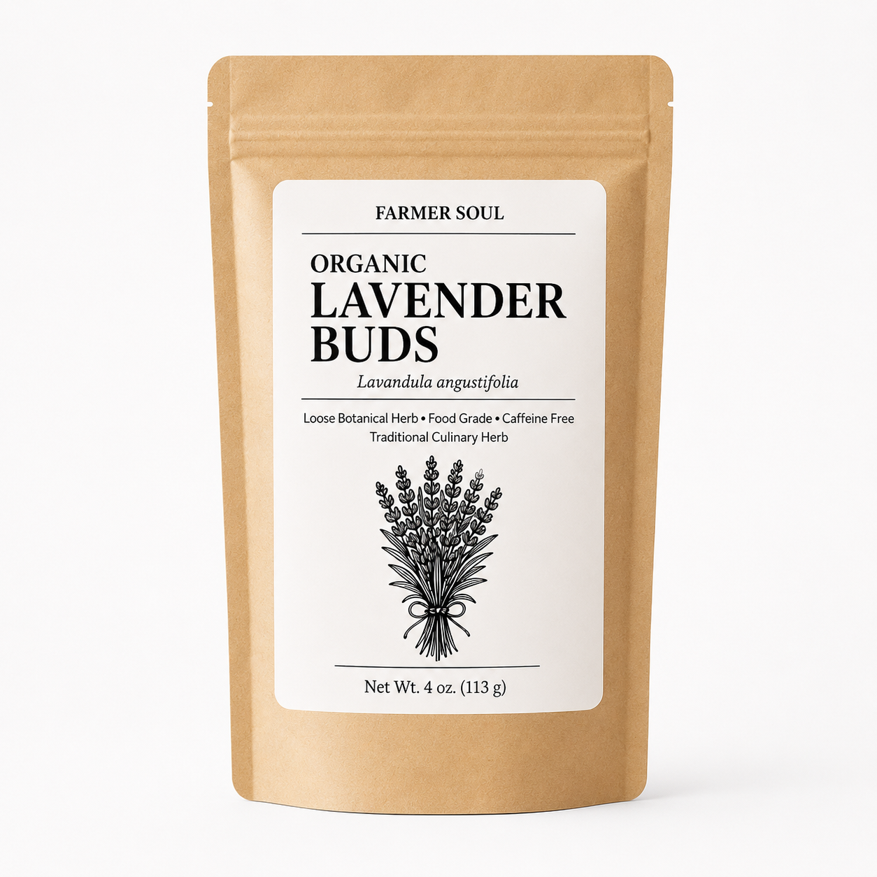 A stand-up kraft paper pouch of Farmer Soul Organic Lavender Buds on a clean white background. The front label is white with black text and a black line drawing of a lavender bouquet.
