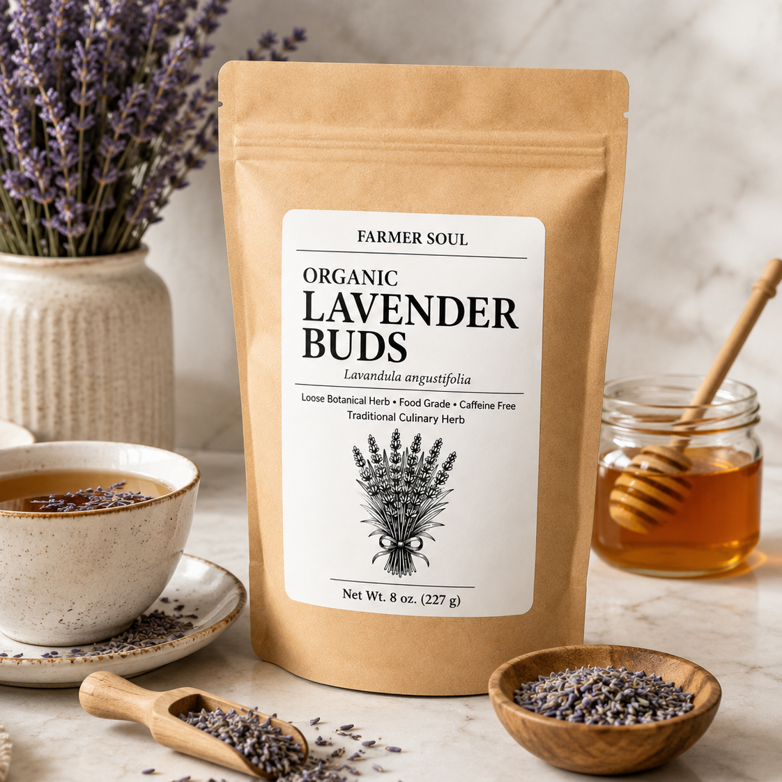 Bag of Organic Lavender Buds with a cup of tea, lavender flowers, and honey on a table.