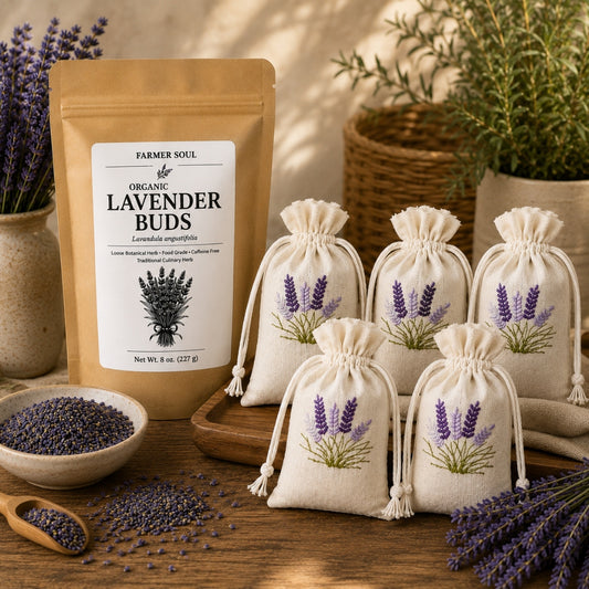 A stand-up pouch of Farmer Soul Organic Lavender Buds stands beside several small drawstring sachets printed with lavender flowers, arranged on a wooden surface with loose lavender, bowls, and greenery in the background.
