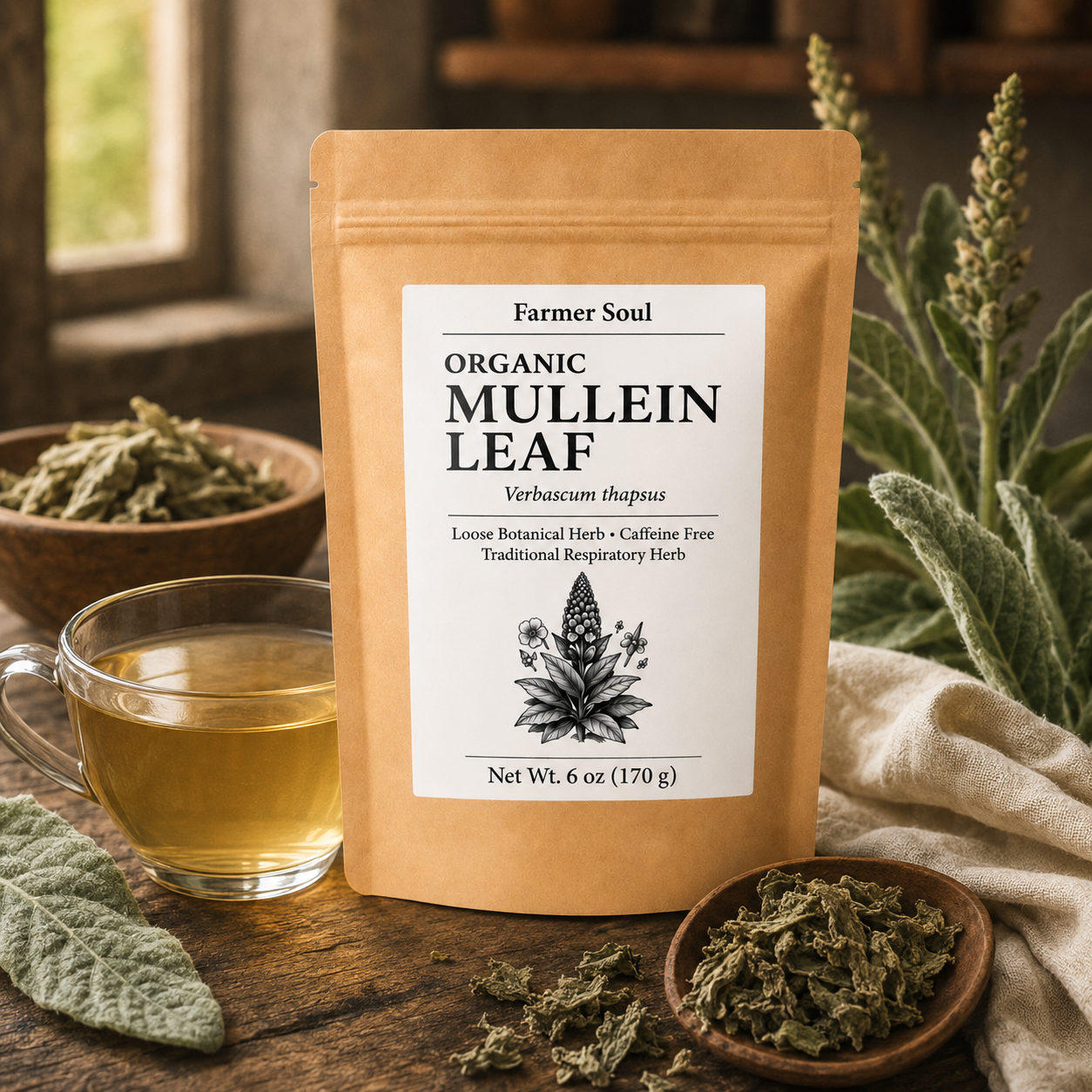 A stand-up pouch of Farmer Soul Organic Mullein Leaf herbal tea stands on a rustic wooden table, surrounded by a glass of pale golden tea, bowls of dried herb, and green leaves in a softly lit indoor setting.
