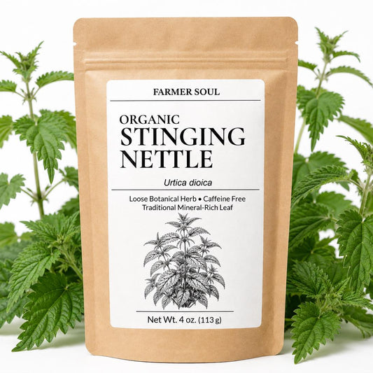 Bag of organic stinging nettle with plant leaves in the background
