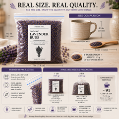 Size and packaging guide for Farmer Soul bulk organic culinary lavender buds showing the 1 lb resealable bag, two-bag 2 lb option, 5 lb nylon bulk bag, dimensions, and approximate tea servings.
