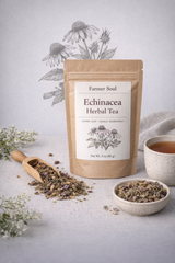 Farmer Soul Echinacea Herbal Tea in a sustainable 4x5 Kraft envelope with a minimalist black label, handcrafted in Las Vegas.