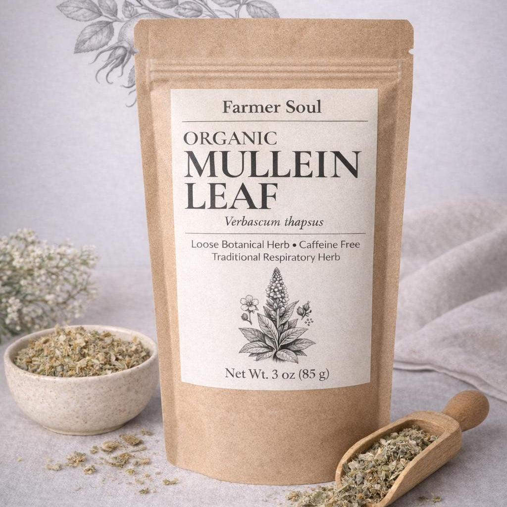 Bag of Farmer Soul Organic Mullein Leaf with a scoop and bowl of dried leaves on a light background