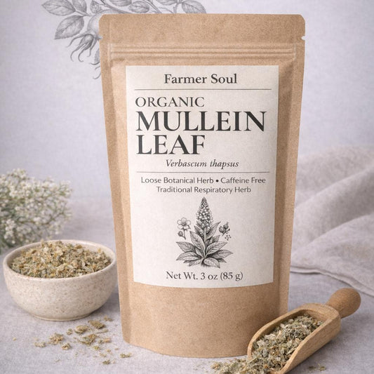 Bag of Farmer Soul Organic Mullein Leaf with a scoop and bowl of dried leaves on a light background