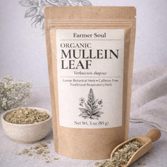 Bag of Farmer Soul Organic Mullein Leaf with a scoop and bowl of dried leaves on a light background