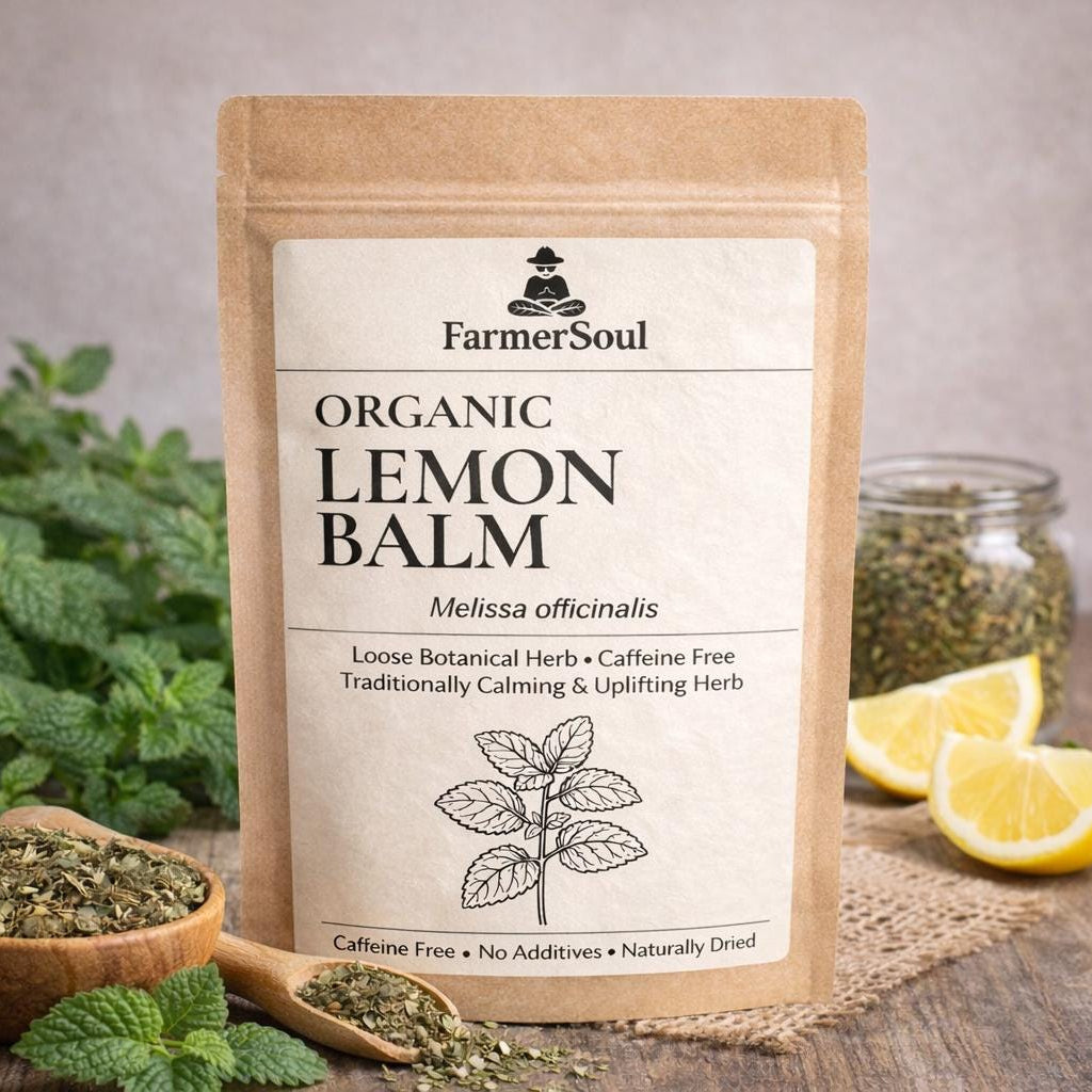 Package of Farmer Soul Organic Lemon Balm with lemon and mint leaves on a wooden surface