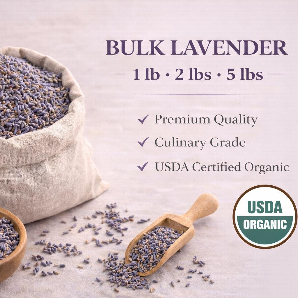 Bulk lavender with a sack, bowl, and wooden scoop on a light background, featuring USDA Organic certification.
