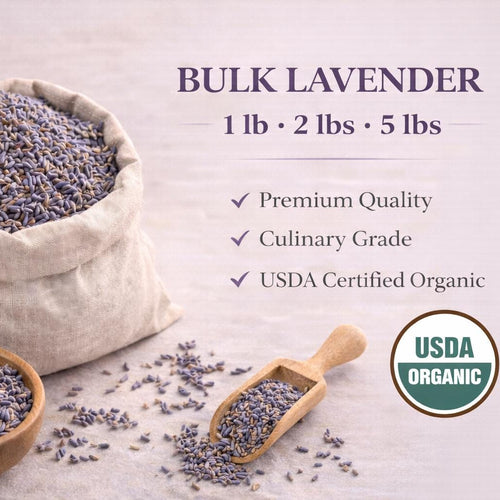 Bulk lavender with a sack, bowl, and wooden scoop on a light background, featuring USDA Organic certification.