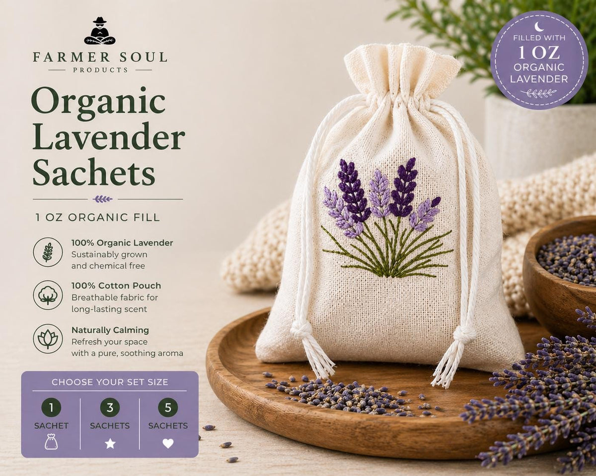 Organic Lavender Sachets  1 oz Cotton Pouches, Embroidered Natural Freshener