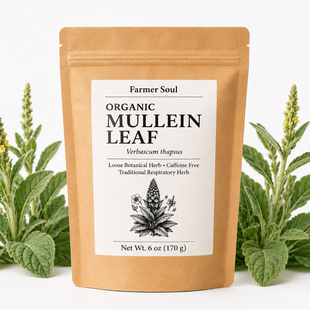 A stand-up kraft paper pouch labeled 'Farmer Soul Organic Mullein Leaf' stands centered on a white background, flanked by green mullein plants with small yellow flowers.