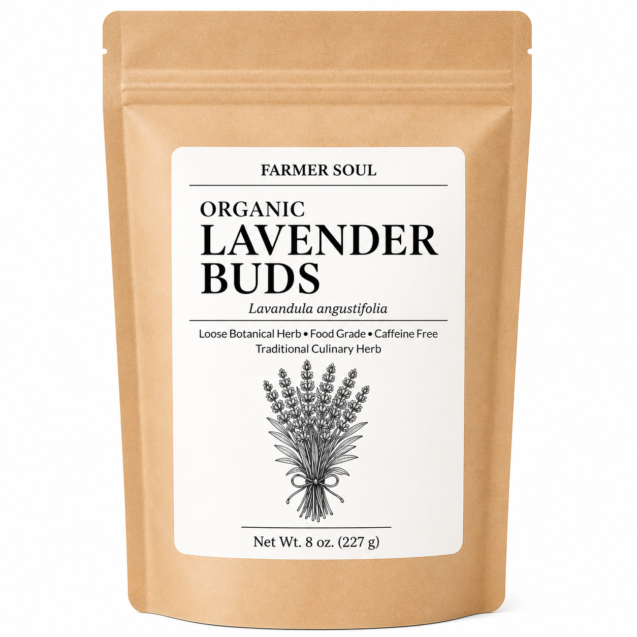 Farmer Soul Organic Culinary Lavender Buds, 8 oz (227 g) resealable kraft pouch of whole dried Lavandula angustifolia flowers for tea and baking.