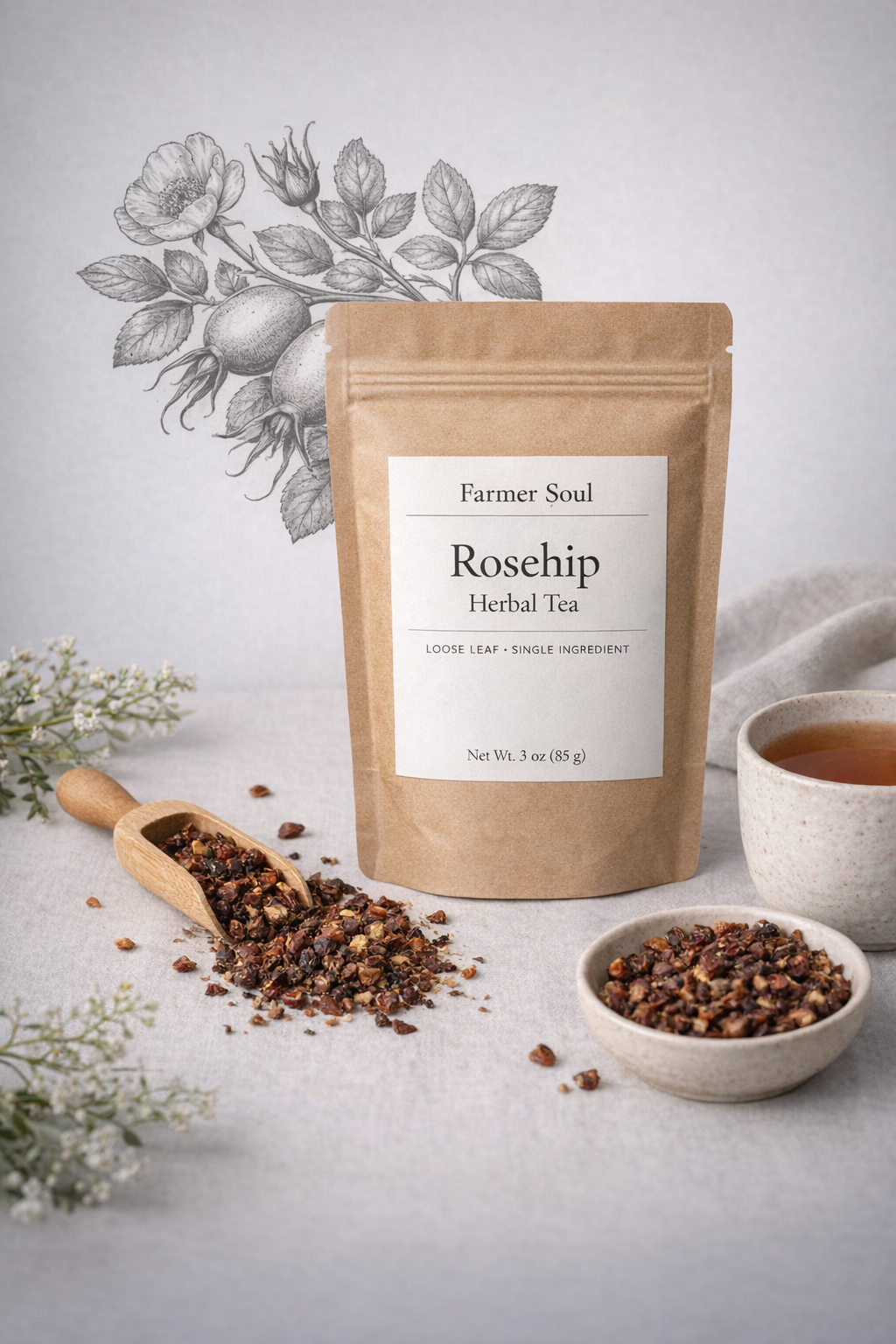 Dried organic rosehip shells for loose leaf tea, shown in a Farmer Soul Kraft envelope with a black minimalist label.