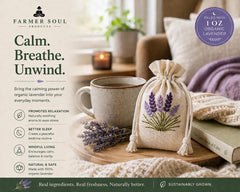 Lavender bag with a cup of tea and book on a wooden table, featuring Farmer Soul Products branding.