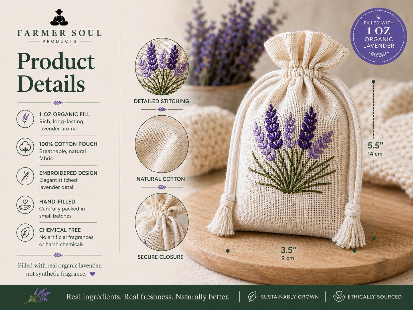 Product details of a lavender pouch with embroidered design on a wooden surface.