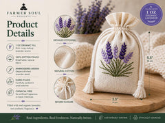 Product details of a lavender pouch with embroidered design on a wooden surface.